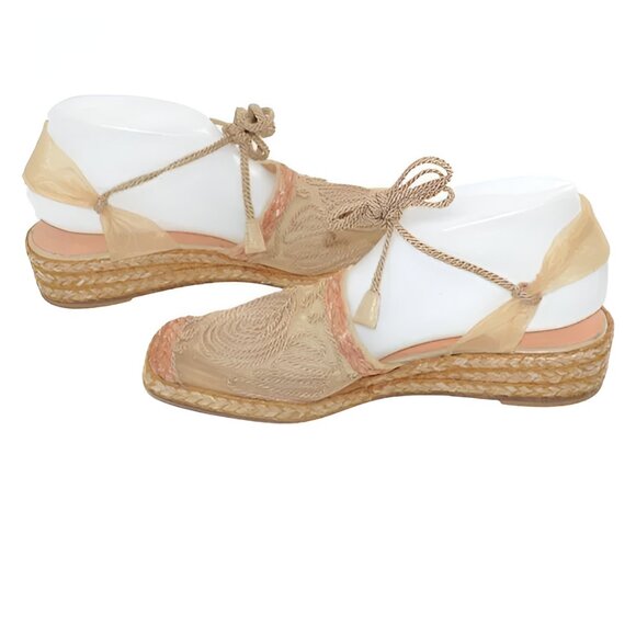 Stuart Weitzman Camel Tan Embroidered Mesh Lace Slingback Espadrilles Sandals 8 - Picture 7 of 10